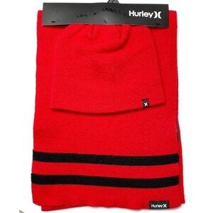 Hurley red striped scarf and beanie hat set NWT